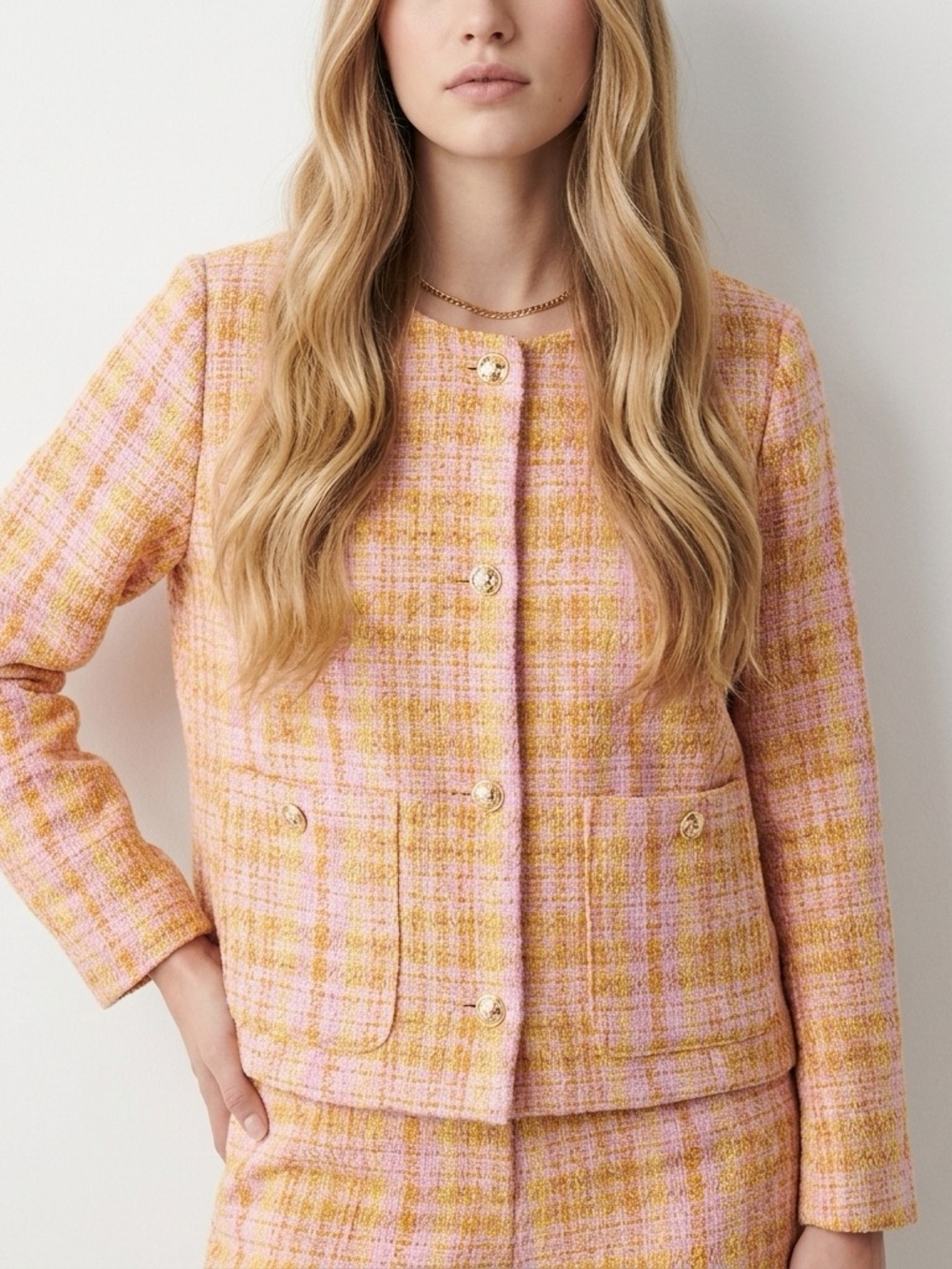 Preppy Tweed coquette cropped Barbiecore Blazer Jacket Plaid Gold Button